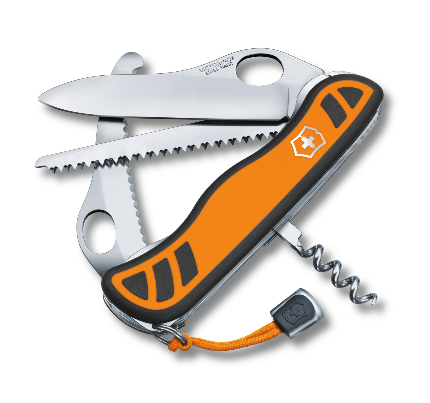 2012 Victorinox Hunter XT with corkscrew (rather than Phillips) and orange/black dual-density scales.  Model: 0.8341.MC9. Victorinox marketing image.