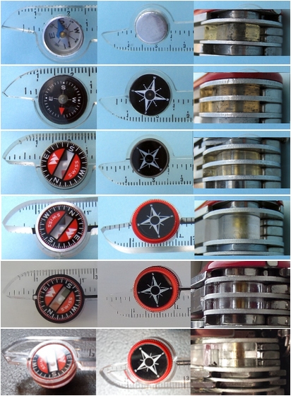 Orienteering tool and compass evolution: From top to bottom: Older to newer - Generations 1-6
